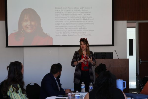 Dean Kronk Warner presents a keynote address to the Fellows encouraging their growth and development as they go on in their legal journey.